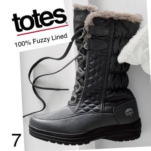 Totes NWOT Lace Up Waterproof Quilted Nylon & Faux Lthr Side Zip Thermolite sz 7